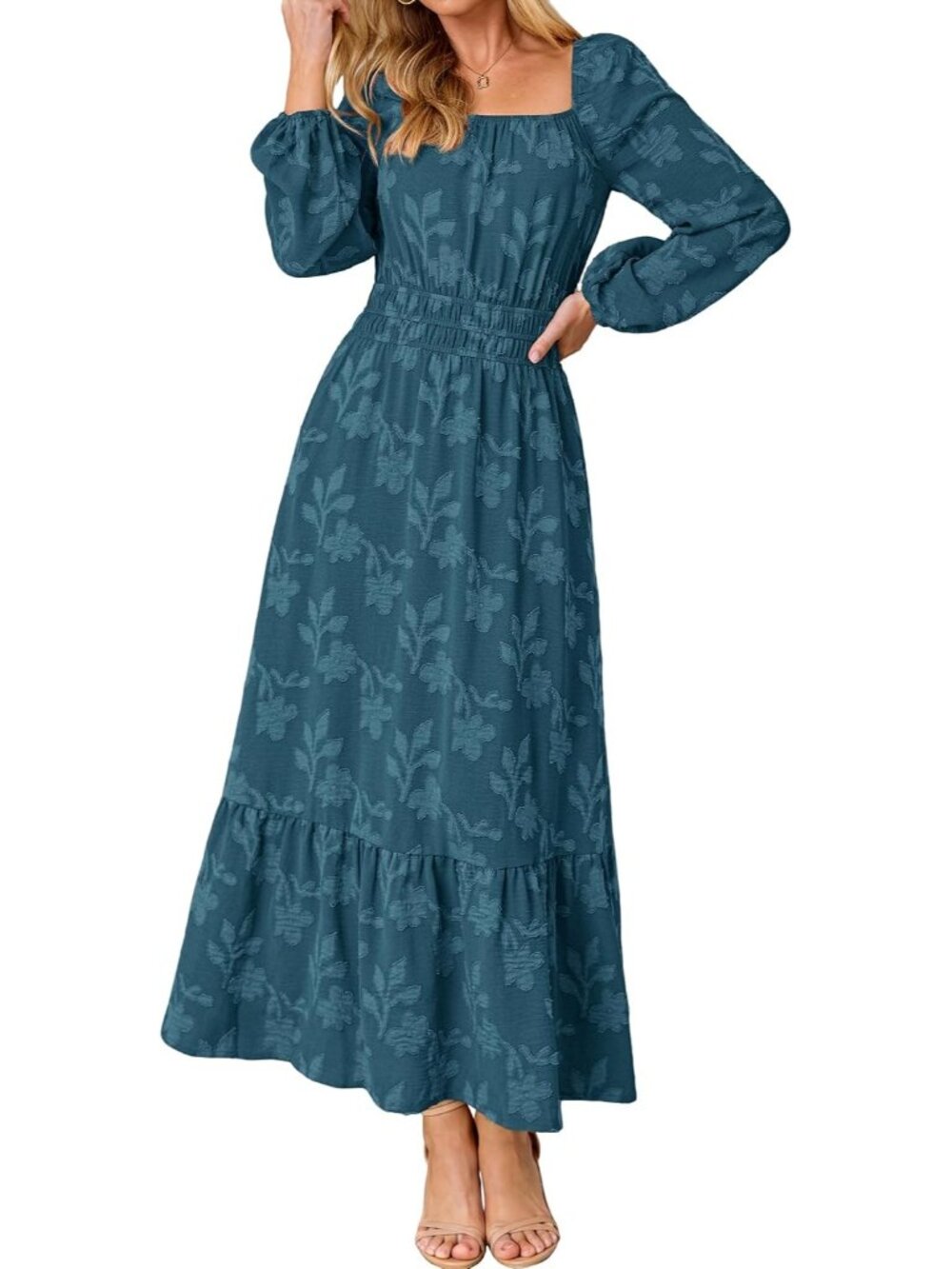 🆕 Women's Lake Blue Long Sleeve Square Neck High Waist Boho Casual Maxi Dress